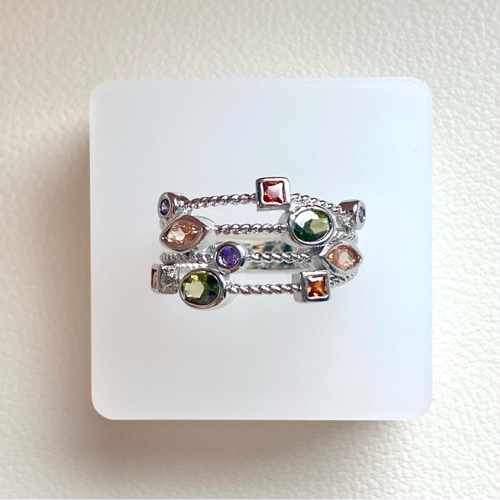 Multi-Gem Silver Tone Stackable Ring - Green, Purple & Peach Stones